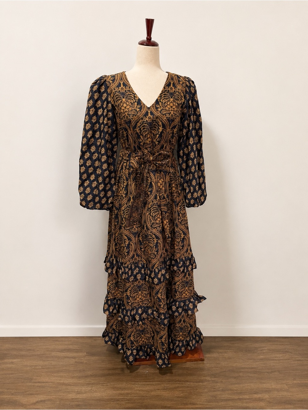 A Loves A XS Navy Gold Paisley Tiered Maxi Dress Boho Puff Sleeve - Picture 2 of 10